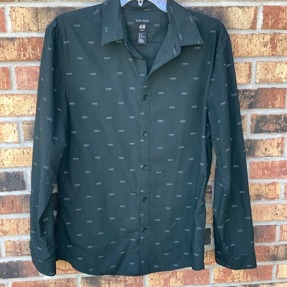 3/$20 H & M Black LS Dress Shirt w/ glasses design - Picture 2 of 13